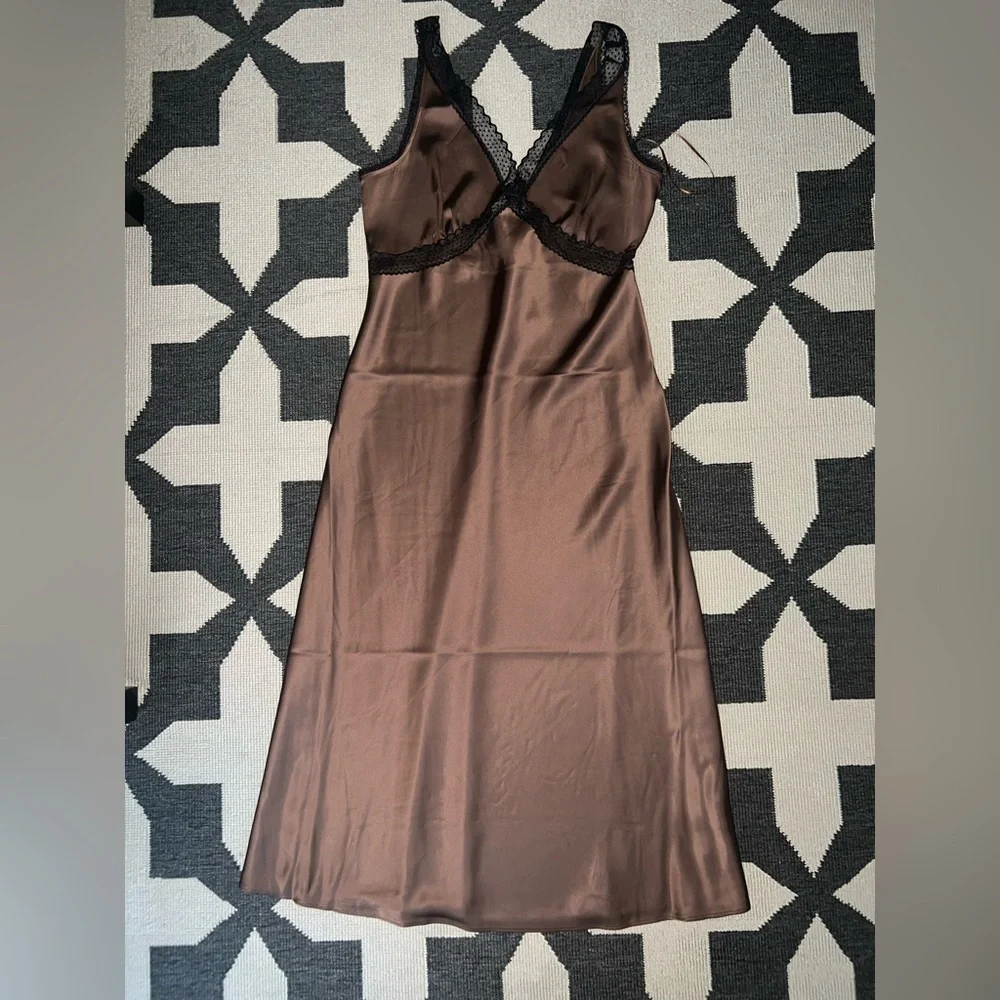 House of Harlow 1960 Brown Satin Black Lace Slip Dress - Picture 1 of 8